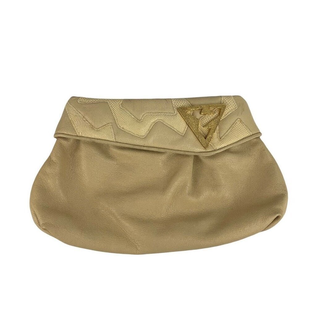 Vintage Sharif 80s Clutch Shoulder Bag Purse Beige Art Deco Gold Embellished